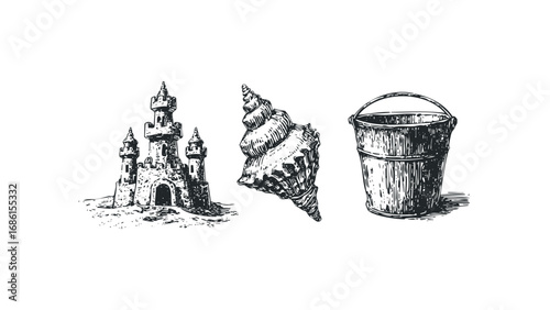 Hand Drawn Sketch of Seaside Objects: Castle, Seashell, and Bucket. Vector hand drawn illustration