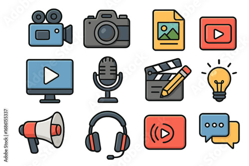 Set of multimedia icons for content creation and digital marketing. Vector collection of symbols for video, photo, audio podcast, streaming, blogging and communication.