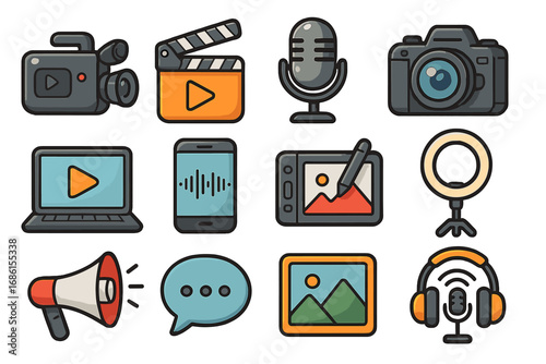 Vector icon set of content creator tools. Cartoon multimedia symbols for vlogging, podcasting, streaming, photography, and communication. Flat illustration equipment collection.