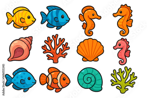 Cute marine life icon set. Colorful sea animal collection with fish, seahorse, shell, coral. Underwater ocean nature cartoon vector illustration for kids. Aquatic wildlife design.