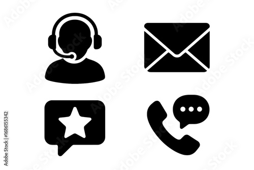 Customer support solid icon set. Communication glyphs for contact us page. Vector collection with call center agent, operator, email, phone call, and feedback symbols.