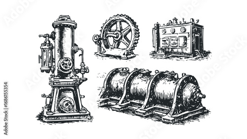 Collection of vintage industrial machines and equipment on transparent background. Vector hand drawn illustration