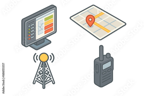 Isometric dispatch center icon set. Vector illustration of logistics and emergency operations control. Includes computer monitor, GPS map navigation, radio tower, walkie-talkie.