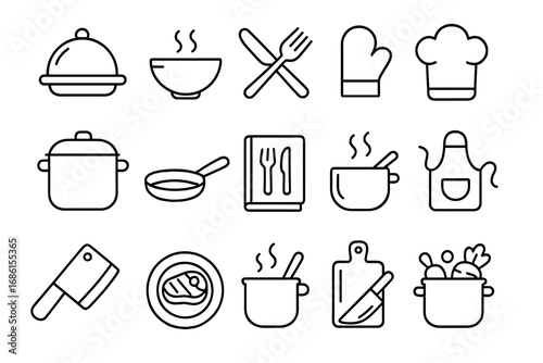 Food and dining linear icon set. Meal preparation, kitchen tools, and cuisine symbols. Vector line art collection for restaurant menu, cooking blog, or culinary graphics.