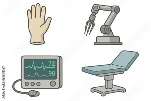 Medical technology icon set for healthcare innovation. Robotic surgery arm, vital signs EKG monitor, examination table, and sterile glove. Modern medicine concept vector.
