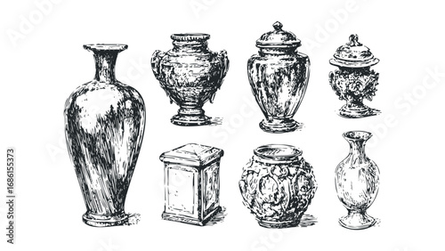 Collection of antique amphorae and urns with ornate carvings. Vector hand drawn illustration