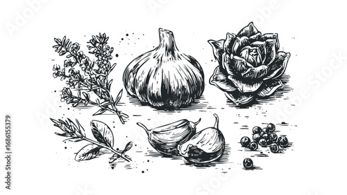 Woodcut style ink sketch of garlic, herbs, and peppercorns. Vector hand drawn illustration
