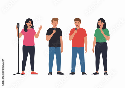 People singing into microphones with transparent background