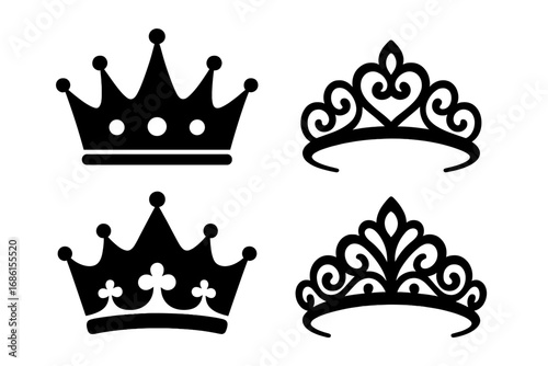 Crown and tiara silhouette icon set. Royal king, queen, prince, and princess headwear symbols. Simple black vector graphic design elements for luxury, power, and monarchy.