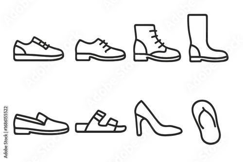Footwear line icon set. Shoe collection outlines. Vector illustration of sneaker, boot, sandal, high heel, loafer, formal shoe. Simple minimal linear design element.