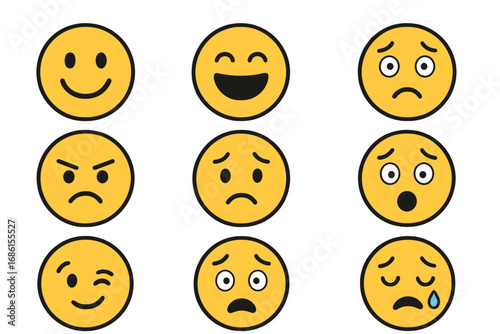 Vector emoticon set with different moods. Collection of yellow smiley faces expressing various emotions like happy, sad, angry, surprised, crying, laughing. Cartoon emoji icons.