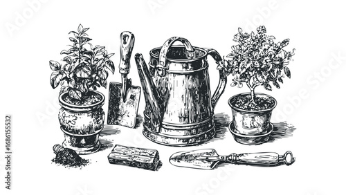 Potted plants and gardening tools arranged for cultivation. Vector hand drawn illustration