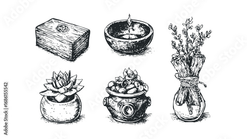 Sketch of objects including a plant in a pot, a candle, and a bundle of branches. Vector hand drawn illustration