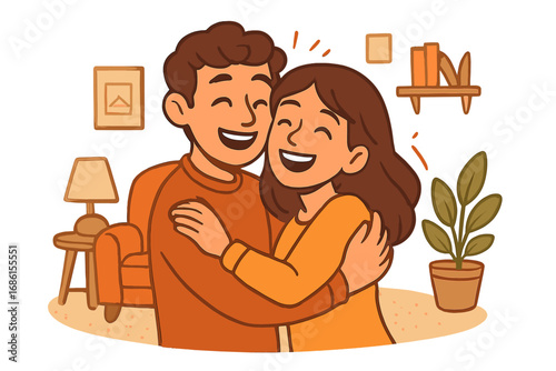 Happy couple hugging at home. Man and woman embrace. Warm, joyful moment of love and affection. Relationship, romance, togetherness concept. Cozy home lifestyle vector cartoon.