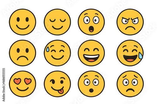 Big set of vector cartoon emoticons. Yellow smiley face icons with a variety of expressions and emotions. Happy, sad, angry, surprised, in love. Simple flat emoji design.