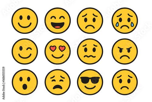 Vector collection of smiley faces expressing different emotions. Simple cartoon emoticons. Emoji set with happy, sad, angry, love, crying, surprised and cool feelings.