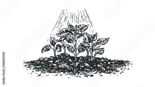 Sketch of Young Plants Growing in Soil Under Falling Raindrops. Vector hand drawn illustration