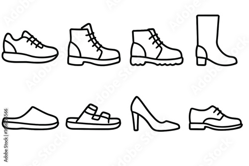 Footwear shoes outline icon set. Collection of various shoe types. Sneaker, boot, sandal, high heel, formal shoe and slipper. Simple line art vector graphic illustration.