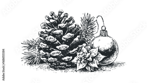 Festive Pine Cone With Christmas Ornament And Pine Needles In Sketch Style. Vector hand drawn illustration