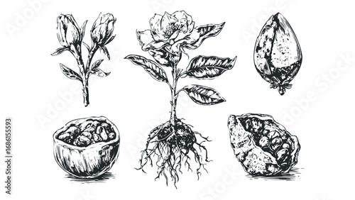 Detailed sketch of coffee plant, beans, and coffee cherry in black and white. Vector hand drawn illustration