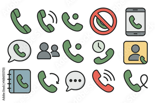 Phone call vector icon set. Collection of communication symbols for mobile app and web. Telephone, contact, hotline, support, chat, and smartphone interface elements.