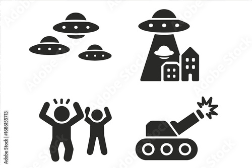 Alien invasion solid glyph icon set. UFO fleet attacking city with beam. People in panic. Earth defense laser cannon fighting aliens. Sci-fi extraterrestrial war vector pictogram.