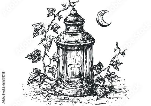 Ink sketch of old lantern with ivy and crescent moon. Vector hand drawn illustration