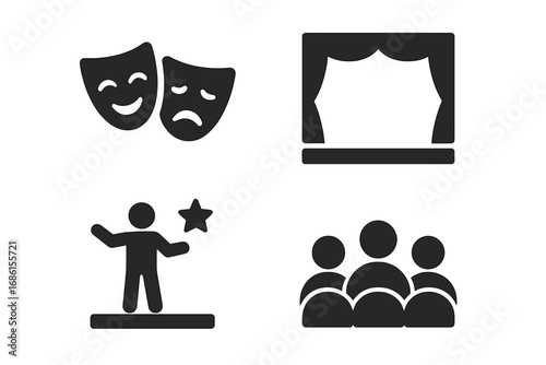 Theater entertainment solid icon set. Performance, stage, audience, actor collection. Drama, comedy, tragedy masks. Show, play, event. Vector pictogram symbols illustration.