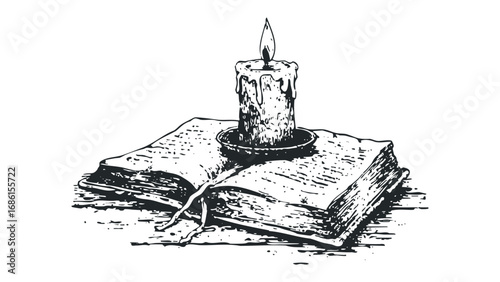 Old book with burning candle illustration. Vector hand drawn illustration