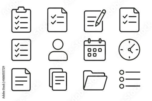 Simple line icon set for task management, documents, and business organization. Vector symbols for checklist, calendar, time, user, and folder for UI, UX, web and app design.