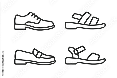 Footwear outline icon set. Men's shoes, sandals, and loafers in a minimalist line art style. Vector illustration of classic dress shoe and summer footwear symbols.