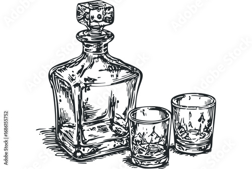 Glass decanter with stopper and two tumblers of spirits. Vector hand drawn illustration