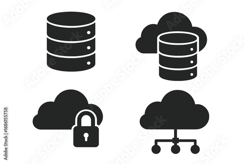 Cloud computing database vector icon set. Data storage server, secure hosting, and network connection symbols. Solid glyph pictogram collection for web and mobile apps design.