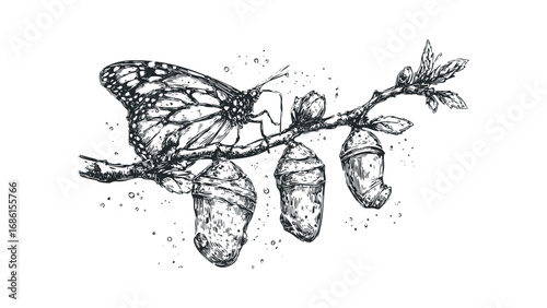 Monarch butterfly and chrysalises on branch with scattered ink dots. Vector hand drawn illustration
