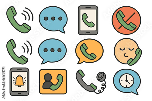 Phone communication vector icon set. Mobile call, message bubble, chat, and support symbols. Smartphone notification, contact list, and missed call icons for web and apps.
