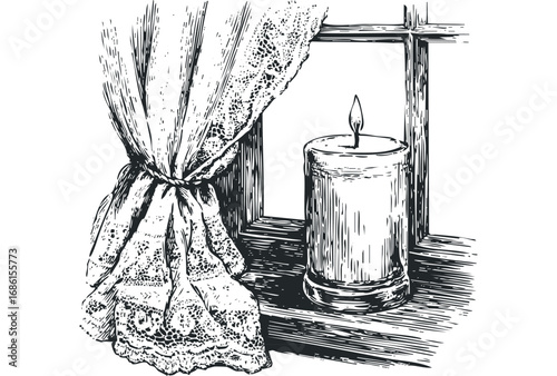 Sketch of a lit candle beside a lace curtain near a window frame. Vector hand drawn illustration