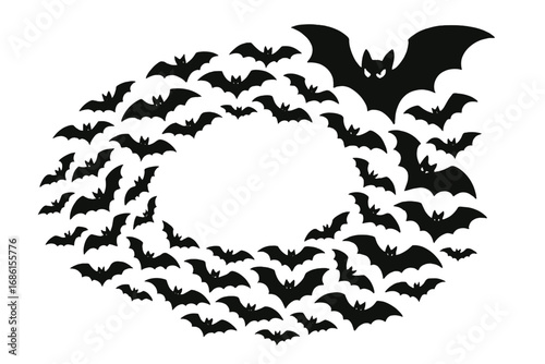 Swarm of black bats in a circle. Spooky Halloween frame. Flying vampire bat colony silhouette. Gothic horror night animal pattern. Mysterious creature flight vector illustration.