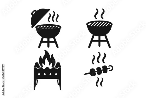 Barbecue grill vector icon set. BBQ party silhouette symbols. Outdoor cooking, charcoal grill, fire flame, hot steam, and kebab skewer icons for picnic or steakhouse menu.