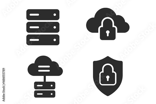 Database server and cloud computing solid glyph icon set. Secure data storage, internet privacy, network connection, protected system. Technology vector pictogram collection.
