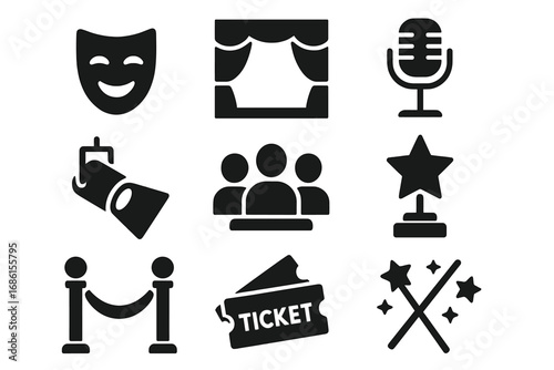 Entertainment and theater solid icon set. Performance, stage, audience, and cinema concept. Vector collection with mask, microphone, ticket, award, and spotlight symbols.