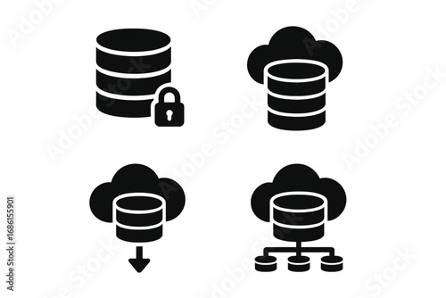 Database and cloud computing solid icon set. Secure server, data storage, network hosting, download and protection symbols. Vector glyph collection for web and mobile apps.