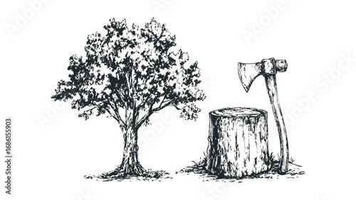 Hand drawn sketch of a tree stump with an axe and a tree. Vector hand drawn illustration