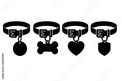 Dog collar silhouettes with different tags. Pet ID tag icon set. Bone, heart, shield, and circle name tags for animal identification. Pet care and safety accessory vector graphic.