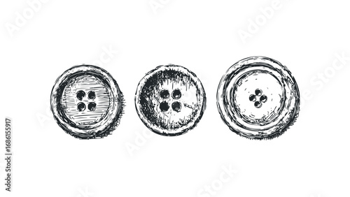 Hand Drawn Three Circular Clothing Fasteners with Four Holes. Vector hand drawn illustration