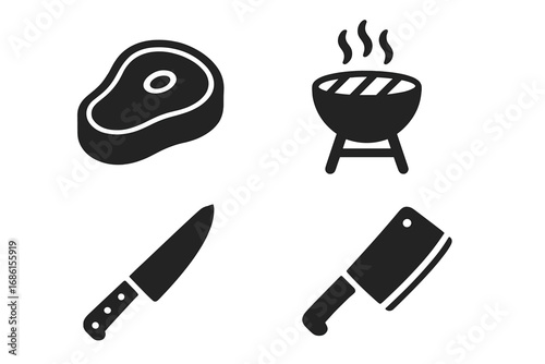 Barbecue grill and meat icon set. BBQ party concept with steak, chef knife, and cleaver. Cooking, food, and butchery vector icons. Solid glyph silhouette illustration.