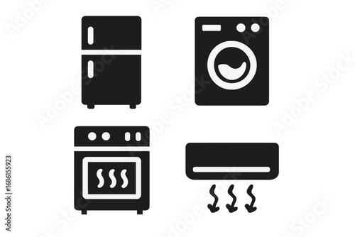 Home appliance icon set. Solid glyph vector graphics. Refrigerator, washing machine, kitchen stove, air conditioner. Household domestic electronic equipment symbol collection.