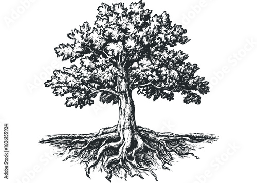 Detailed ink drawing of a mature tree with extensive root system. Vector hand drawn illustration