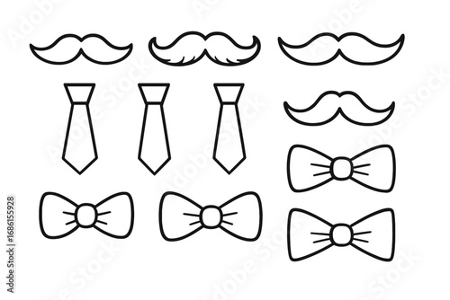 Gentleman icon collection. Vector set of simple outlines with mustaches, neckties, and bow ties. Masculine design elements for Father's Day, Movember, or party props.