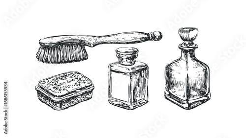 Vintage toiletries, soap, brush, and perfume bottles sketch. Vector hand drawn illustration