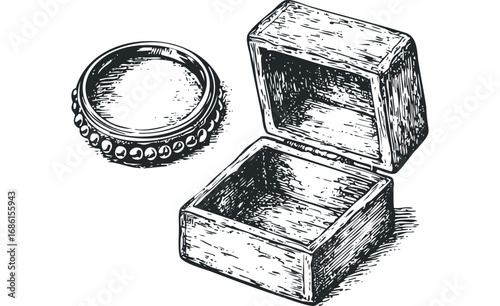 Detailed sketch of an open wooden box and a decorated ring on transparent background. Vector hand drawn illustration